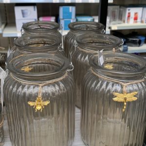 Grey Glass Ribbed T-Lite Jar w Gold Bugs, 2as