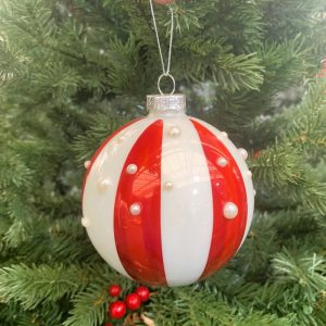 10cm red/white stripped glass ball – white pearls