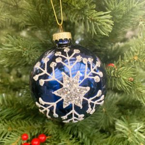 8cm navy blue glass ball – white/sliver snowflake