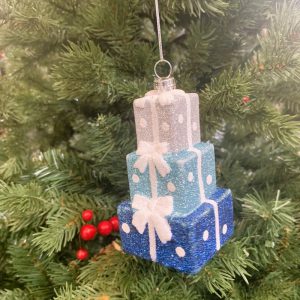 10cm hanging blue/silver glitter stacked presents